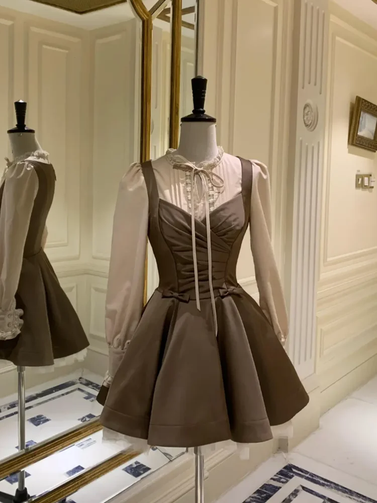 Retro Patchwork Satin Long Sve Dr Women's Autumn Court Sle Waist Cinching Slimming Princ ort Skirt Dr