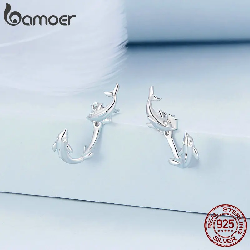 Bamoer 925 Sterling Silver Dolphin Stud Earrings Detachable Earrings for Women Party Platinum Plated Fine Jewelry BSE922