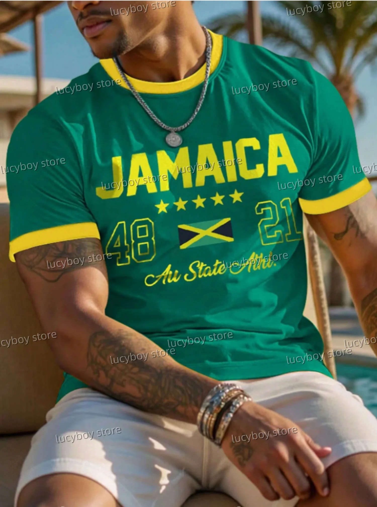 

2025 men Men T-Shirt Man Short Sleeve Green Jamaica flag print PLUS SIZE T-Shirt sport lightweight Jersey Tees Men Clothing