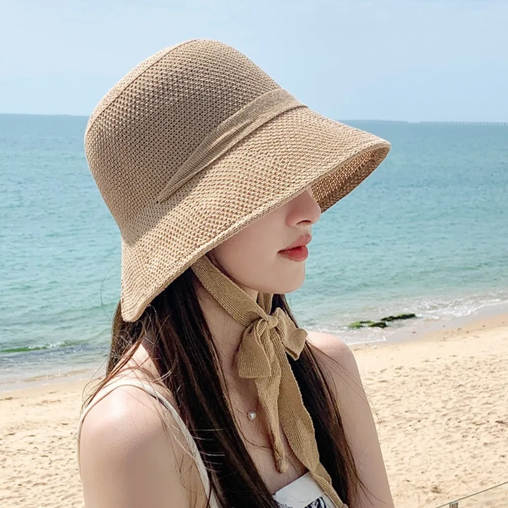 New Knitted Women Sun Hat Breathable Bucket Hat Summer Anti-UV Sun Hat Travel Beach Hat Korean Surf Hiking Fisherman Hat Outdoor