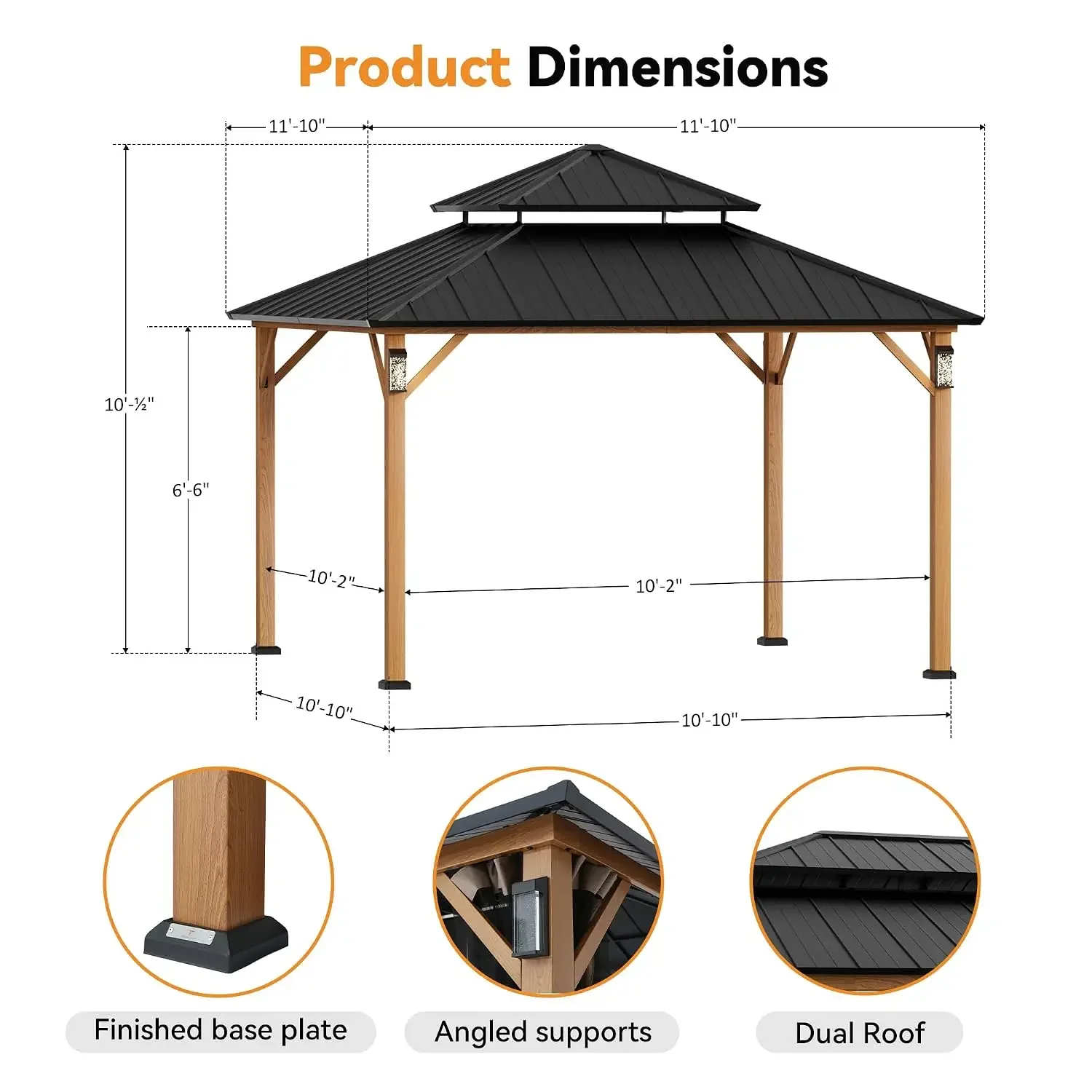 Modern Shade Hardtop Gazebo 12x12 with 4 LED Lights for Backyard Wood Grain, Customized