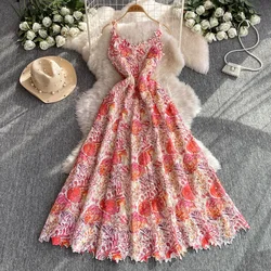 Elegant Lace Casual Sleeveless Chic Hollow Out Print Sexy Straps Dresses Vintage Korean Beach Vacation Women Summer Clothing