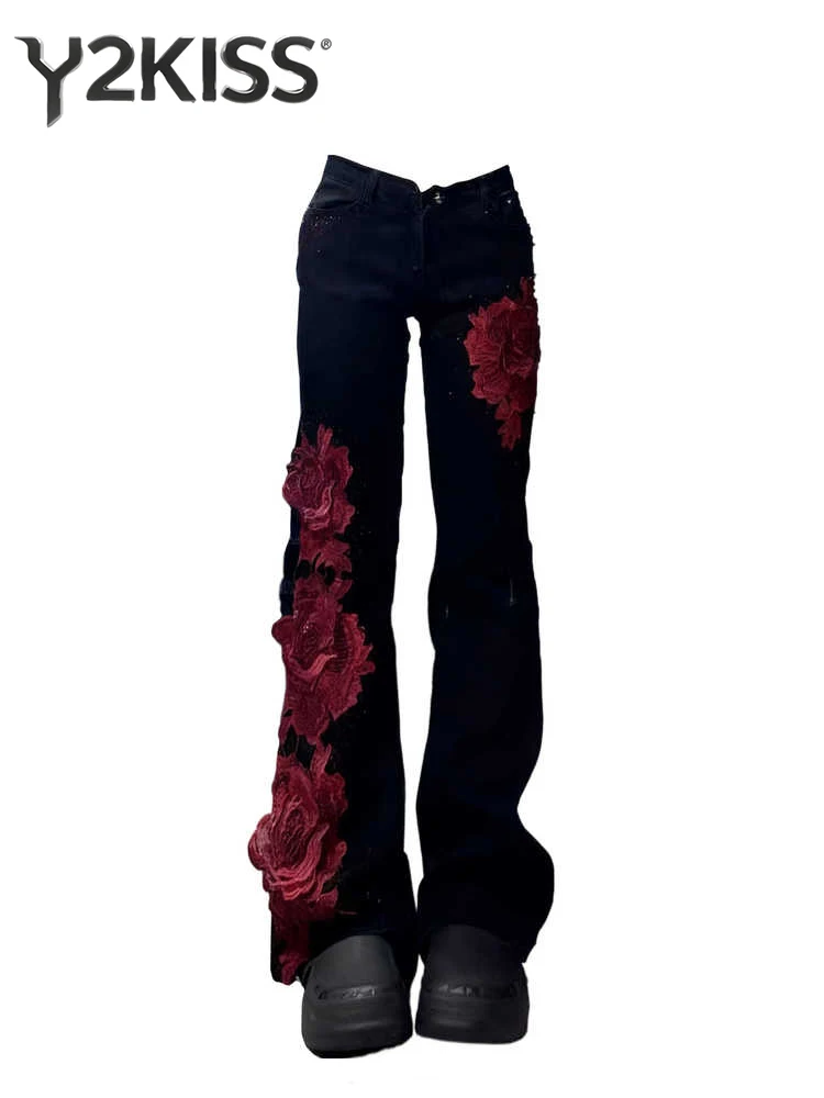Women's Low Rise Flare Jeans Japanese Black Dark Academia Designer Jeans Denim Pants Abi Y2k Bell Bottom Grunge Stacked Jeans