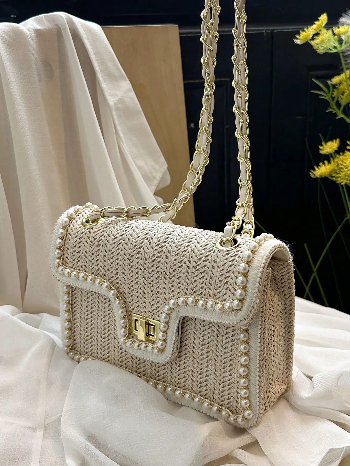

Fashionable Shoulder Woven Straw Bag With Faux Pearl Decoration, Perfect For Beach Vacation, Eye-Catching Beach Bag Summer, Summer Straw Beach Bag For Women, Fashion Summer Vacation Bag, Beach Essentials Women Bags For Vacation & Holiday, Hottest Beach Ba