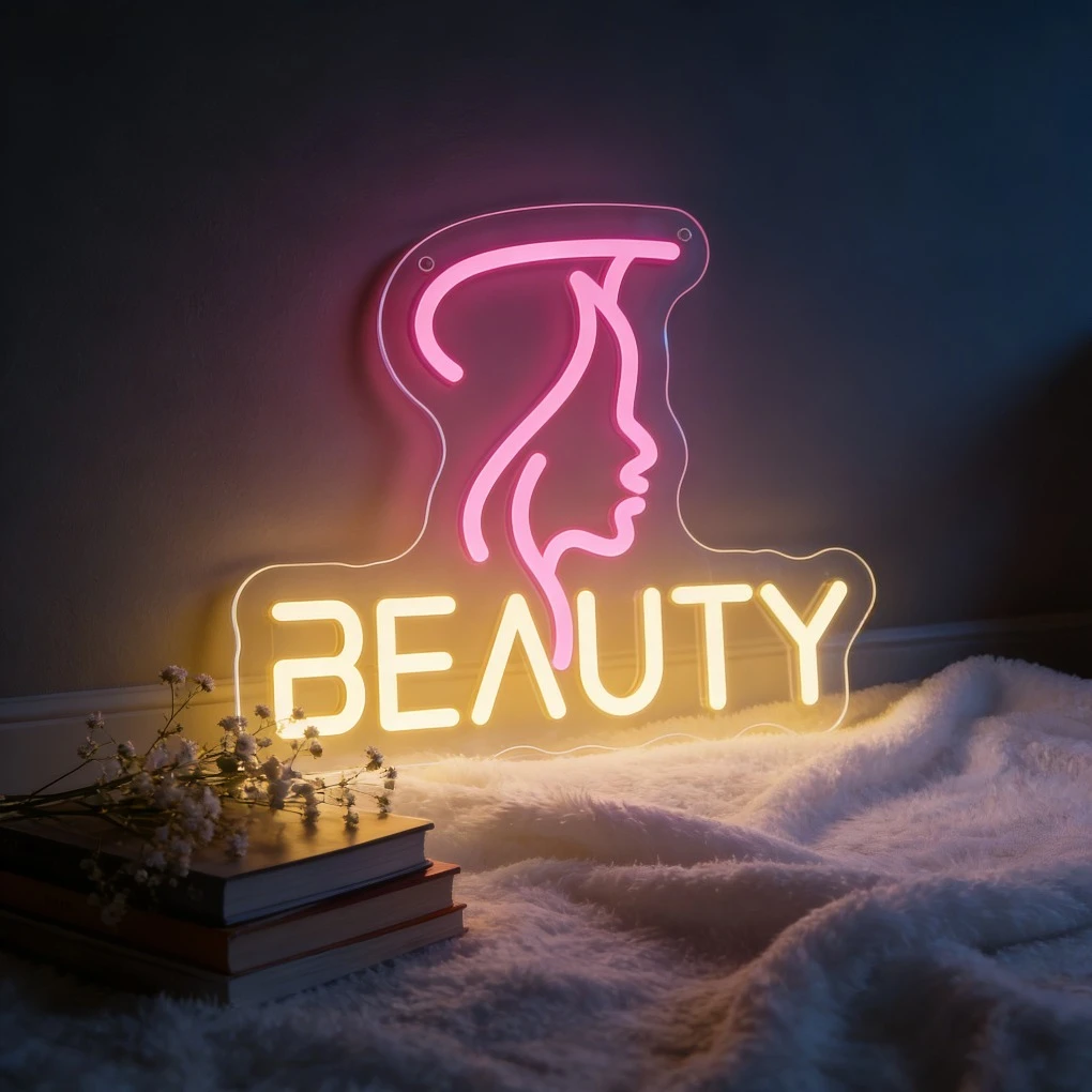 

Светодиодная неоновая вывеска Beauty (розовый и желтый свет) для спальни, гостиной, ванной комнаты, салона, кафе, бутика, декора дома, настенного искусства, освещения, подарка