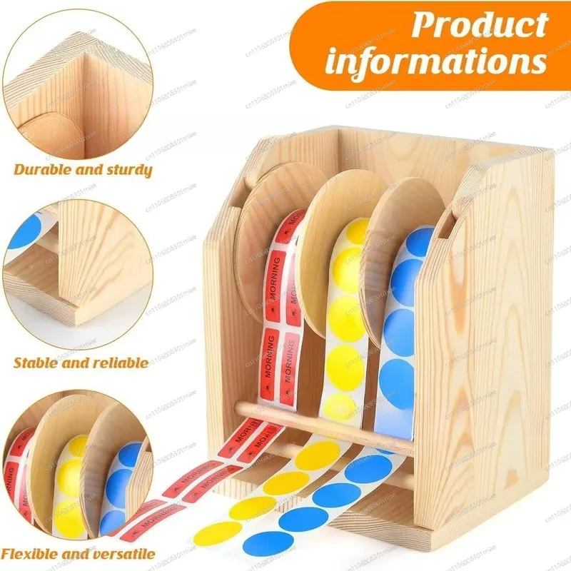 Wooden Label Dispenser Desktop Sticker Roll Rack Adjustable Storage Organizer for School Home Office Supplies