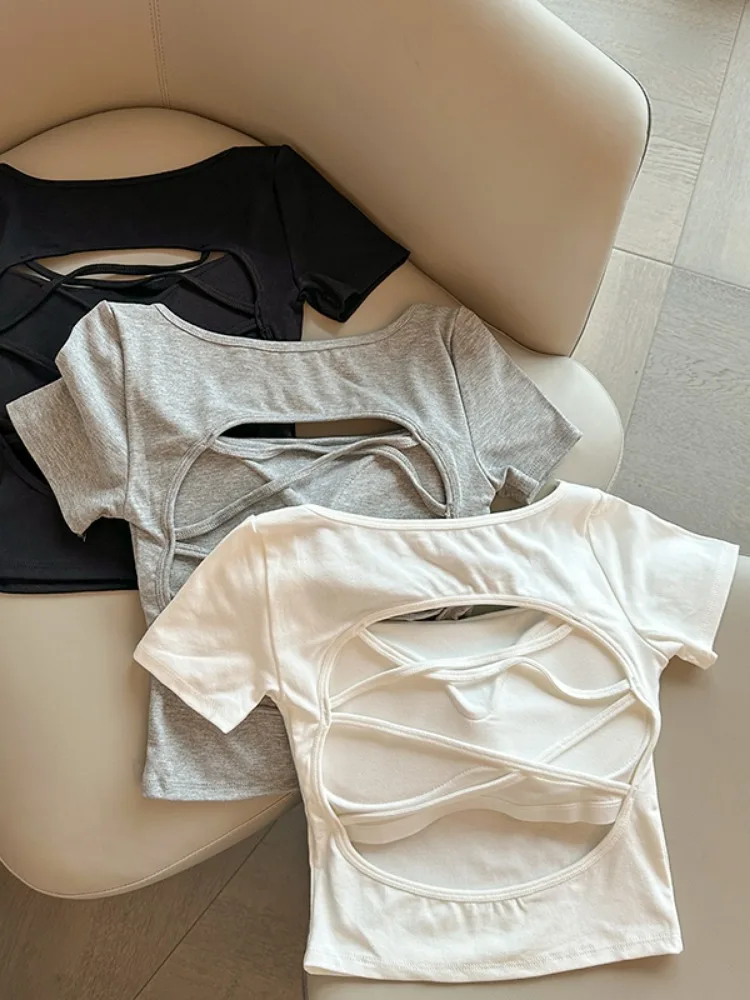 

Summer Sexy Backless Cross Short Sleeve T-Shirt Women's Street Style Slimming Short Design Hot Girl Korean Loose Fit round Neck