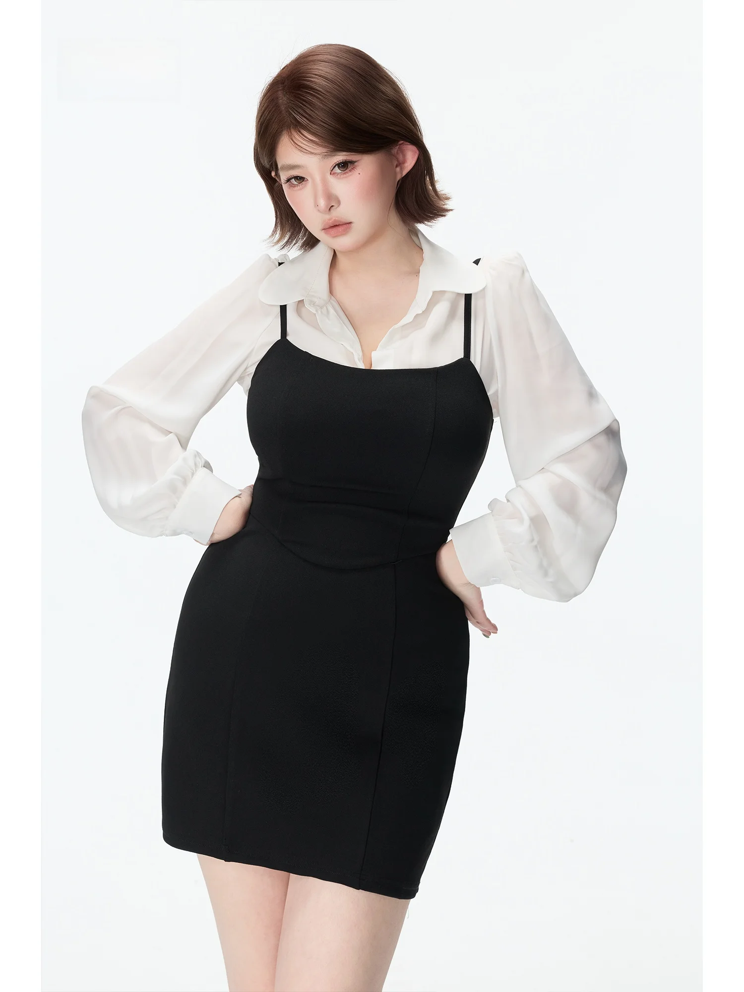 

Slimming Effect White Bubble Sleeve Shirt for plus Size Women Thin Long Sleeve Collar Casual Comfortable Breathable