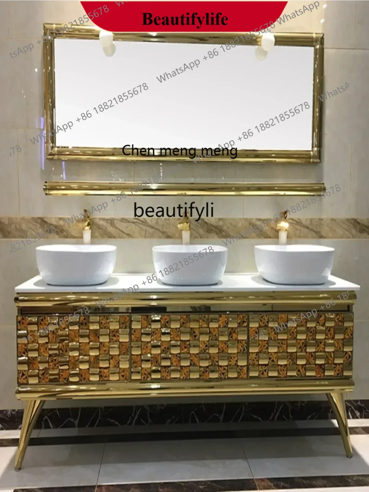 X  A13 Golden Bathroom Cabinet Combination Stainless Steel European Hotel Villa Bathroom Cabinet   Wash Inter-Platform Basin