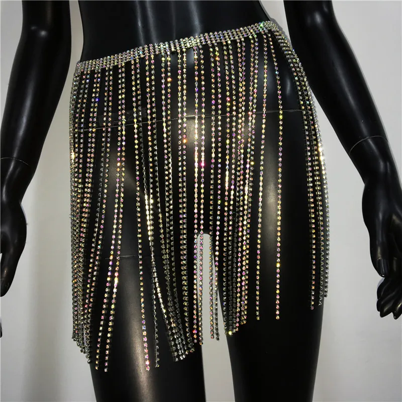 Luxury Full Rhinestone Fringe Skirt Sexy See Through Nightclub Party Mini Skirts Glitter Diamond Festival Rave Waist Body Chain