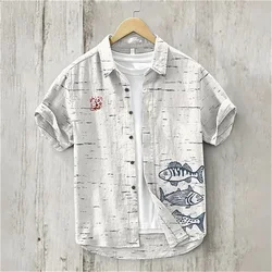 Linen Shirt for Men, 3D Print, Retro Japanese Art, Short Sleeve, Flip Collar, Casual Hawaii, Loose Beach Top, Pond, Fish, New,