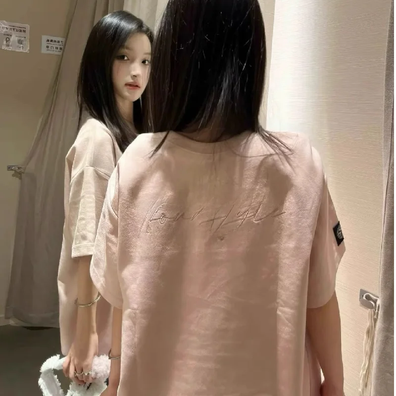 Embroidered Letter Suede Short Sleeve T-Shirt Women Summer New Popular Design Half Sleeve Couple Tops Sweet Style Loose Fit