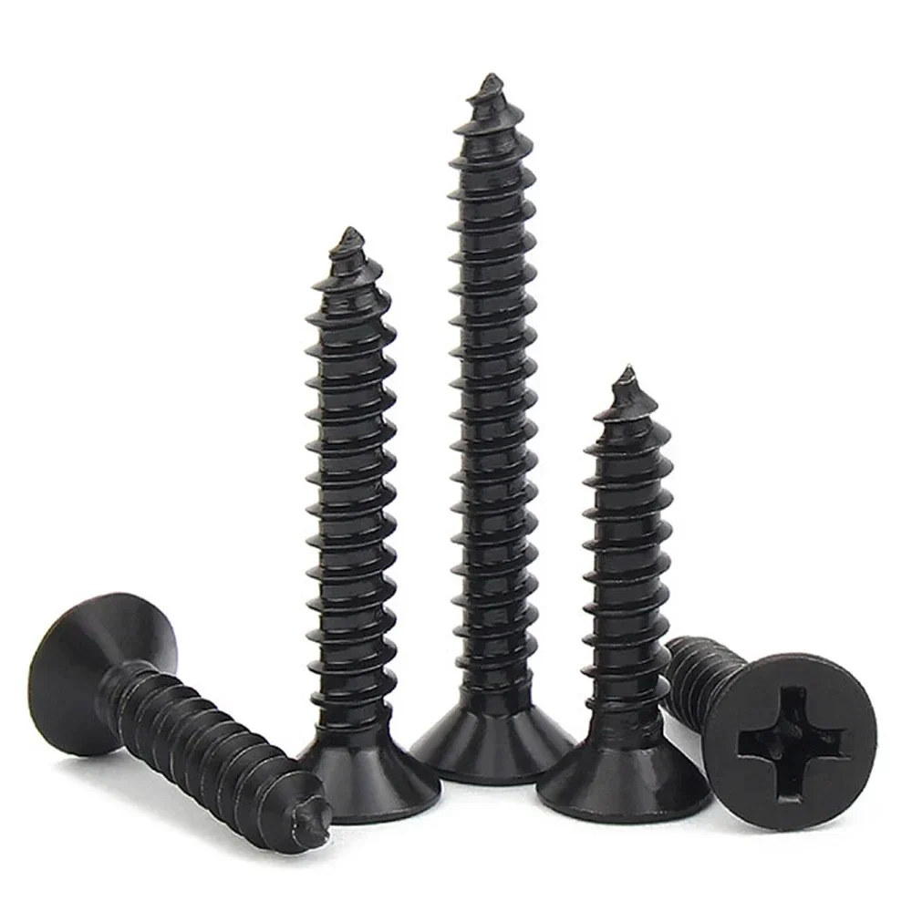 100Pcs M1 M1.2 M1.4 M1.5 M2 M2.6 M3 M3.5 M4 M5 Cross Countersunk Flat Head Self-tapping Screw Black Phillips Carbon Steel