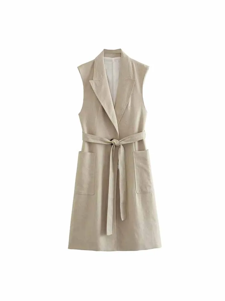 

Women New Fashion With belt linen Long style Casual Vest Coat Sleeveless Button-up Pockets Female Waistcoat Chic Tops