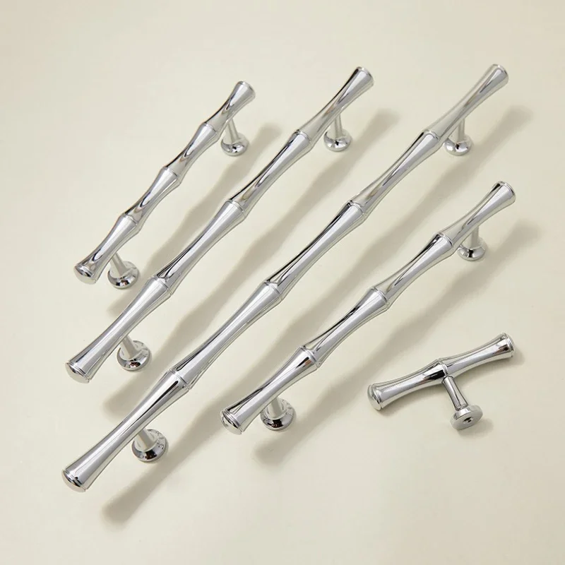 Cupboard T Bar Handles Nordic American Style Chrome Silver Solid Brass Cabinet Knobs for Furniture / Bamboo Knot Design Handles