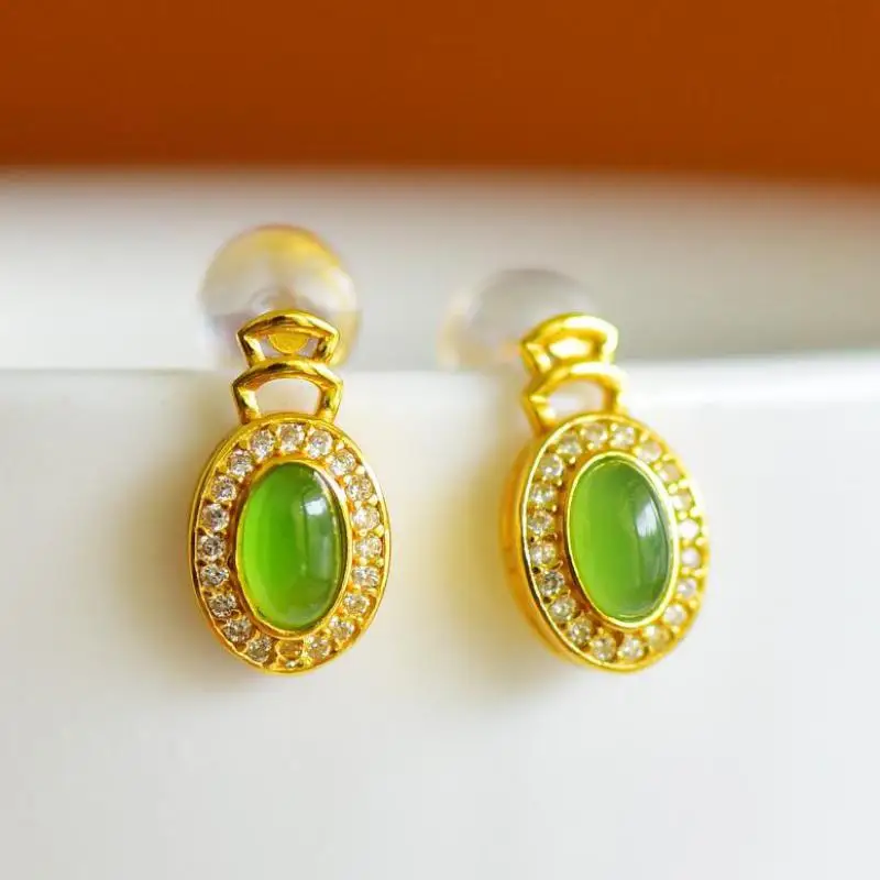 Genuine China Nephrite Stone Green Hetian Jade Zircon Oval Drop Earrings 925 Silver Certified Jewelry Women Elegant Gifts