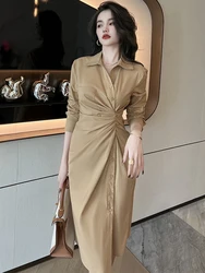 Professional Commuter Fashion Chic Pleated Women's Dress 2023 Solid Turn-down Collar Button Midi Robe Office Street Femme Outfit