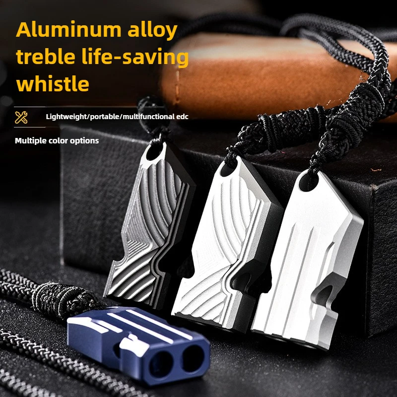 سلسلة مفاتيح صفارة مزدوجة الأنبوب من سبائك الألومنيوم - قلادة صفارة إنقاذ للتخييم في حالات الطوارئ عالية الديسيبل