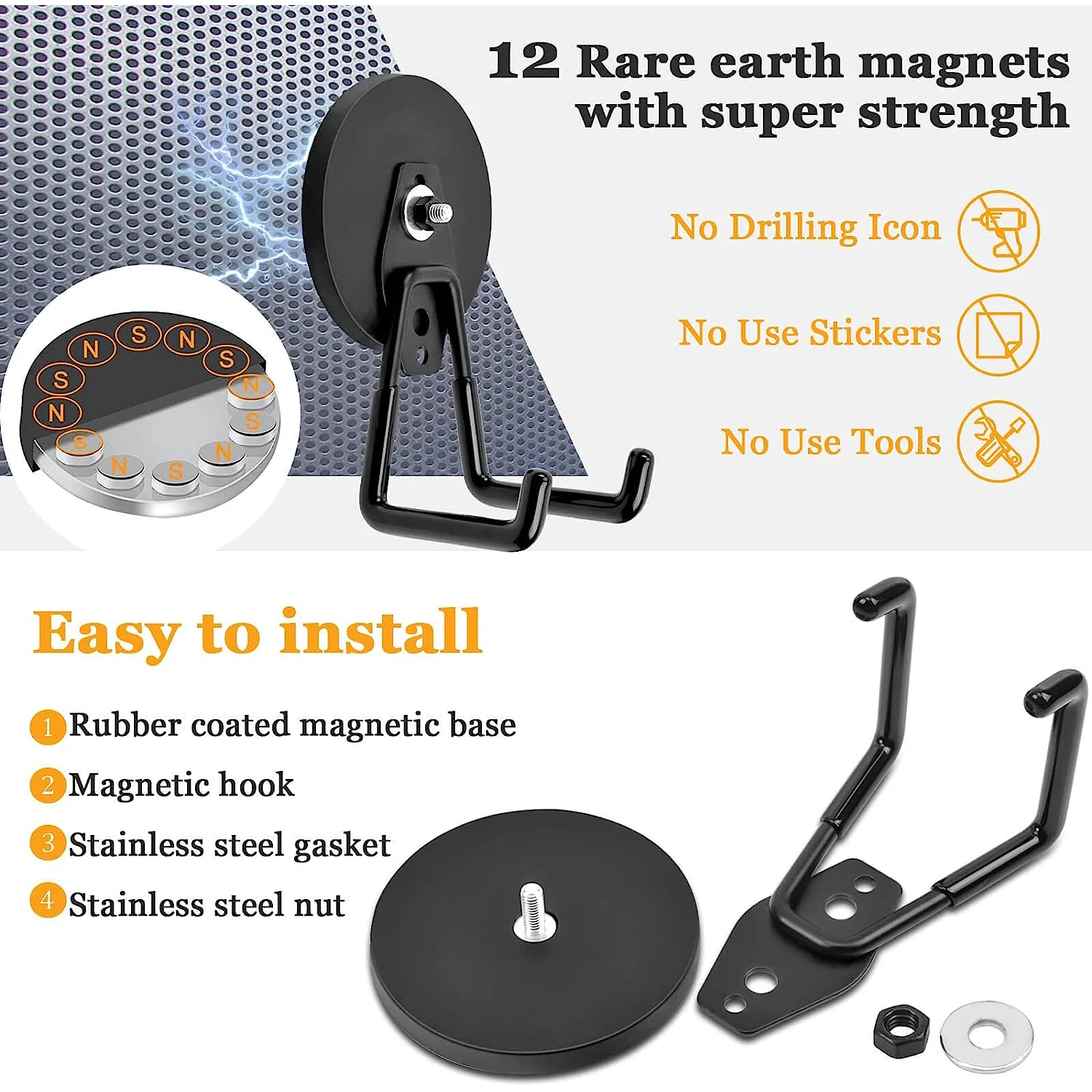 Strong Magnetic Hook Heavy Duty Super Magnet Non-slip hook Black 43/66/88mm Storage Gardening Tools Multi-Purpose Bulky Items