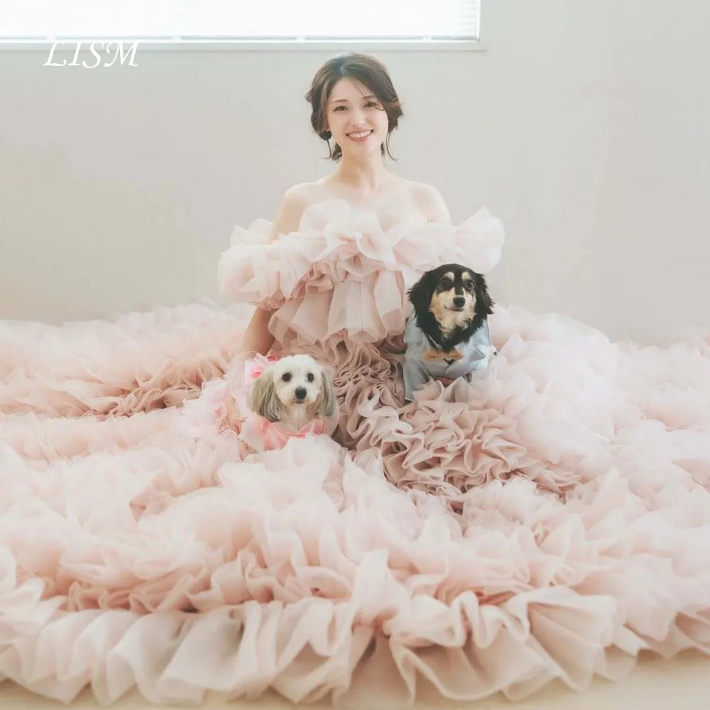 LISM قبالة الكتف ألف خط فساتين الحفلات المسائية اليابان الوردي المتدرج تول صورة تبادل لاطلاق النار النساء العباءات الحدث فساتين حفلات مخصصة #1