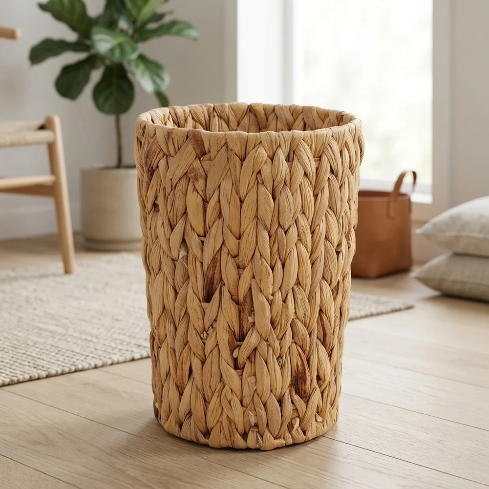Compact Wicker Trash Can Made of Natural Water Hyacinth Suitable for Small Spaces in For Home or Office Settings