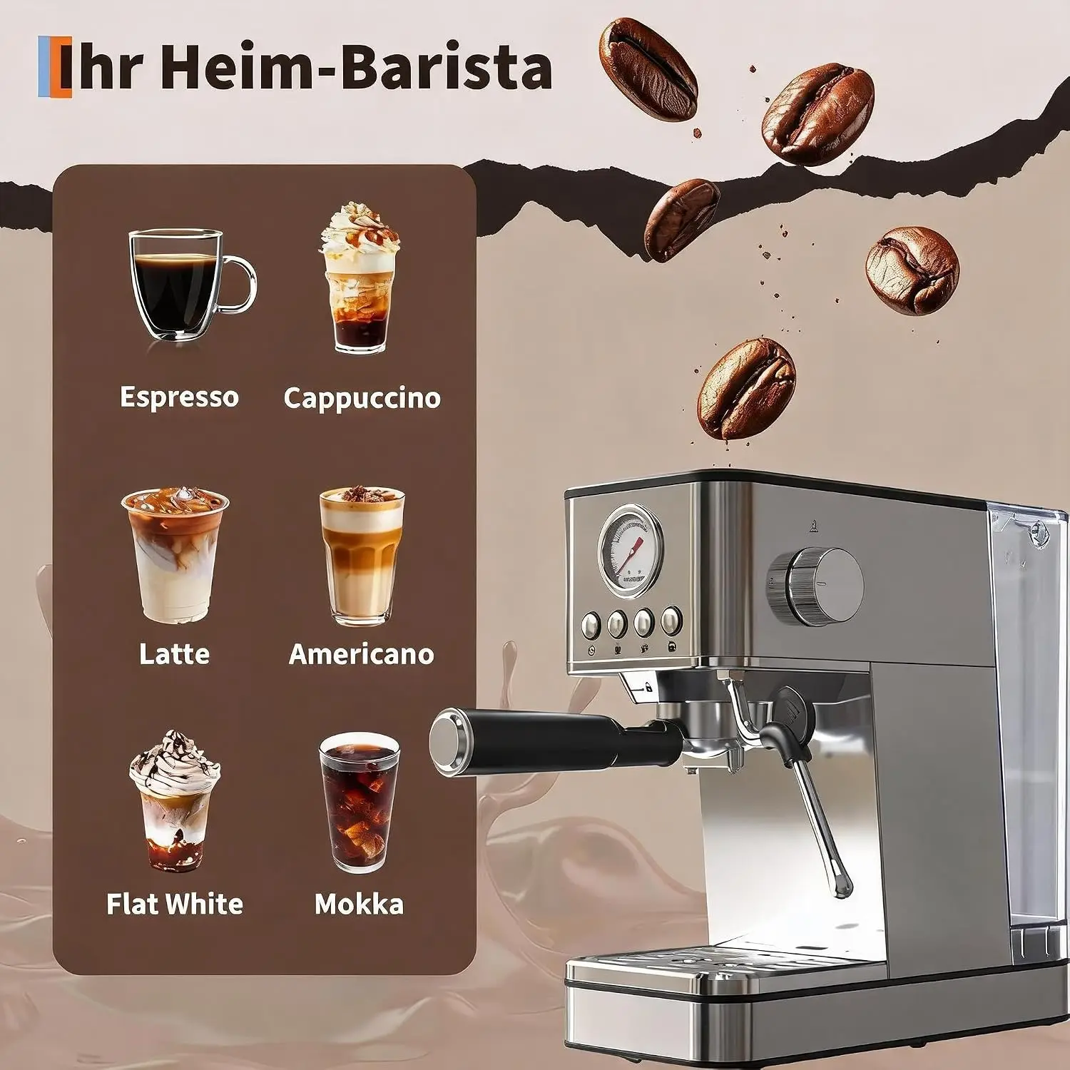 Cafetera Espresso con Filtro Central, 20 Bares, 1200 W, Sistema de Calentamiento Rápido Thermoblock, 360 ° Boquilla para vapor/espumador de leche - depósito de agua extraíble de 1,7 L.