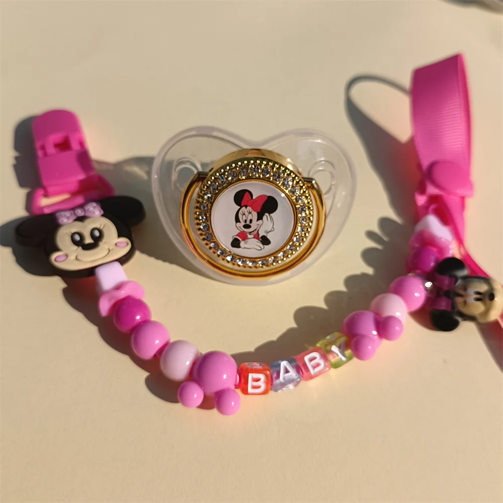 [1 Set] New Anime Minnie Mouse Image Baby Dummy with Chain Holder BPA Free Luxury Silicone Dummys Boy Girl Chupeta Baby Shower