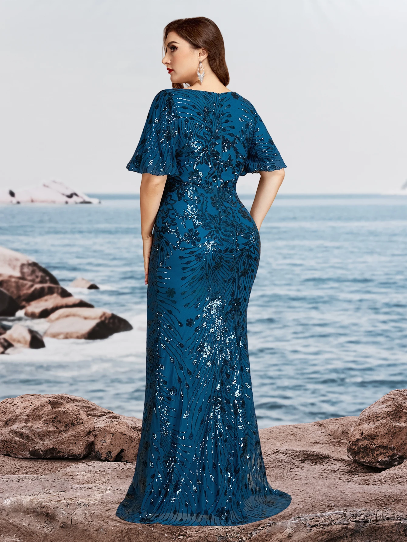 Plus Size Elegant Short Sleeves Sequins Patchwork Pleat Formal Evening Dresses Luxury V-neck Floor-Lenght Party Gowns