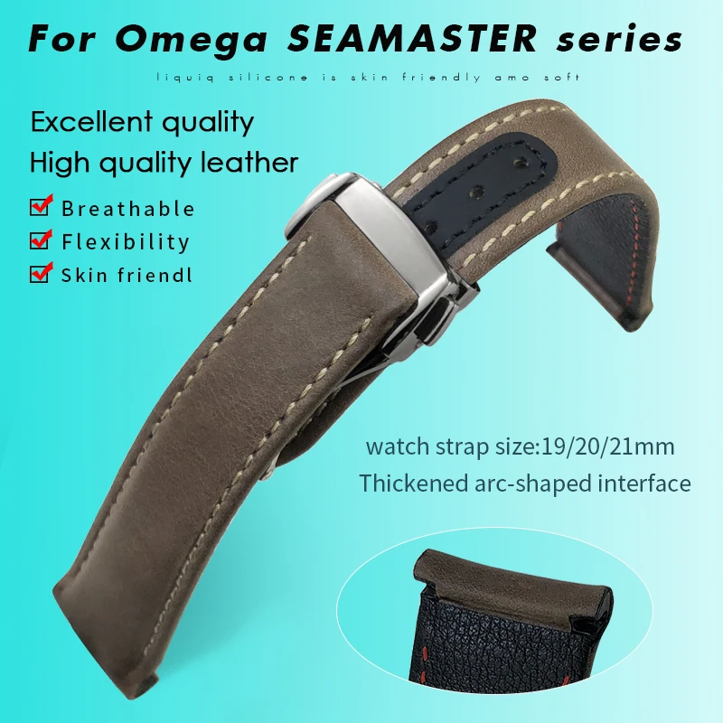 19 mm 20 mm 21 mm gebogenes Echtlederarmband für Omega Seamaster 300 Planet Ocean AT150 Speedmaster Moon Watch Lederarmband
