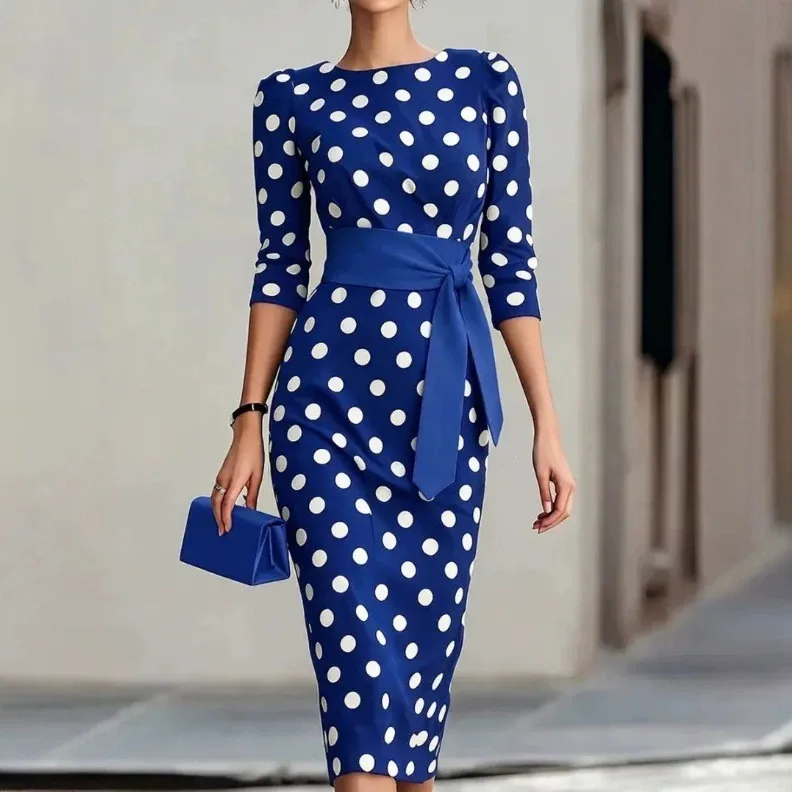 Summer Woman Dress Polka Dot Short Sleeve Dresses Slim Fit Pullover Maxi Dress Red Polka Dot Belted Long Dress Women's Midi - view 5