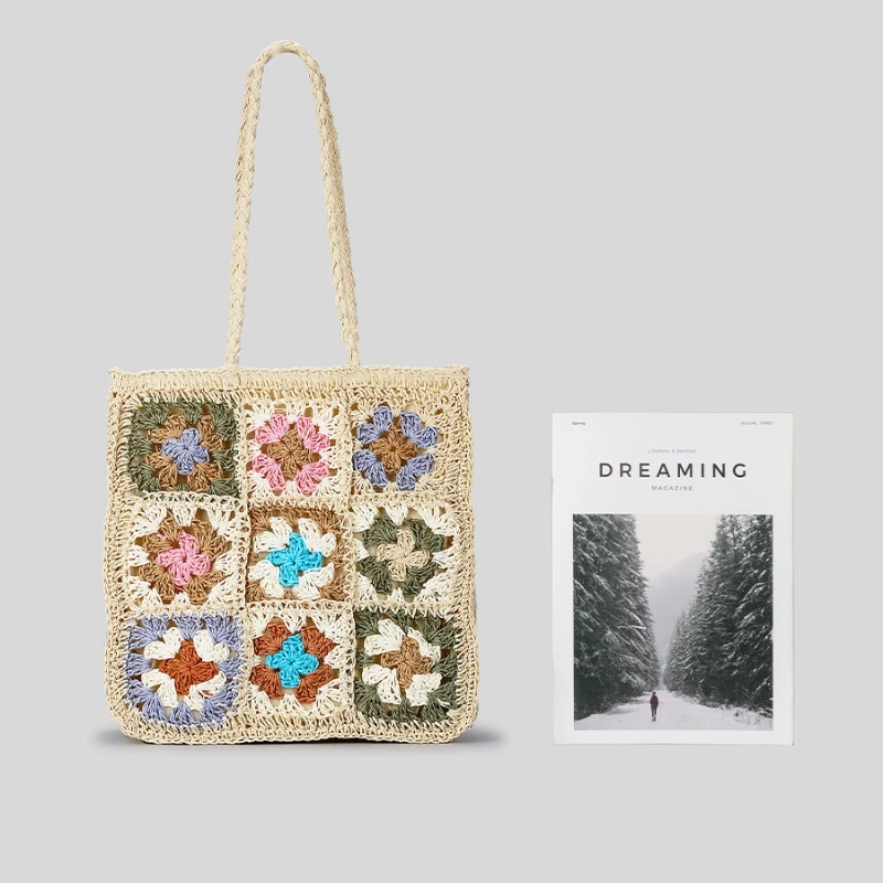 Vintage High Quality Hand-woven bags Large Capacity Straw Bag Ethnic Style Patchwork Flower Tote Large Capacity Shoulder Bag