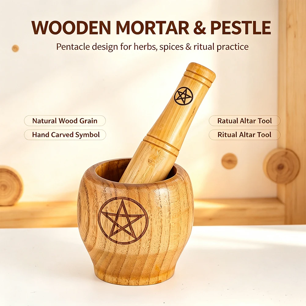Natural Wooden Mortar And Pestle With Pentacle Symbol Engraving Herb Spice Grinder Bowl Multi‑Purpose Kitchen Grinding Tool