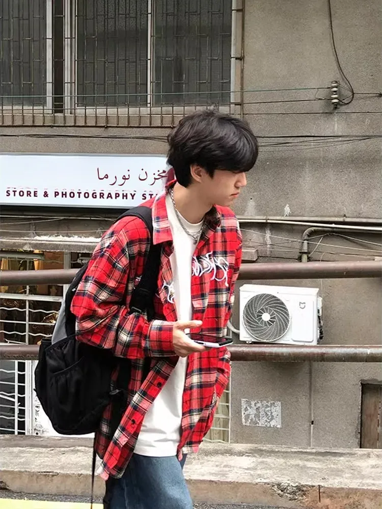 

Мужская винтажная повседневная верхняя одежда на пуговицах в красную клетку Long Sve irt в американском стиле в стиле ретро, осень-весна