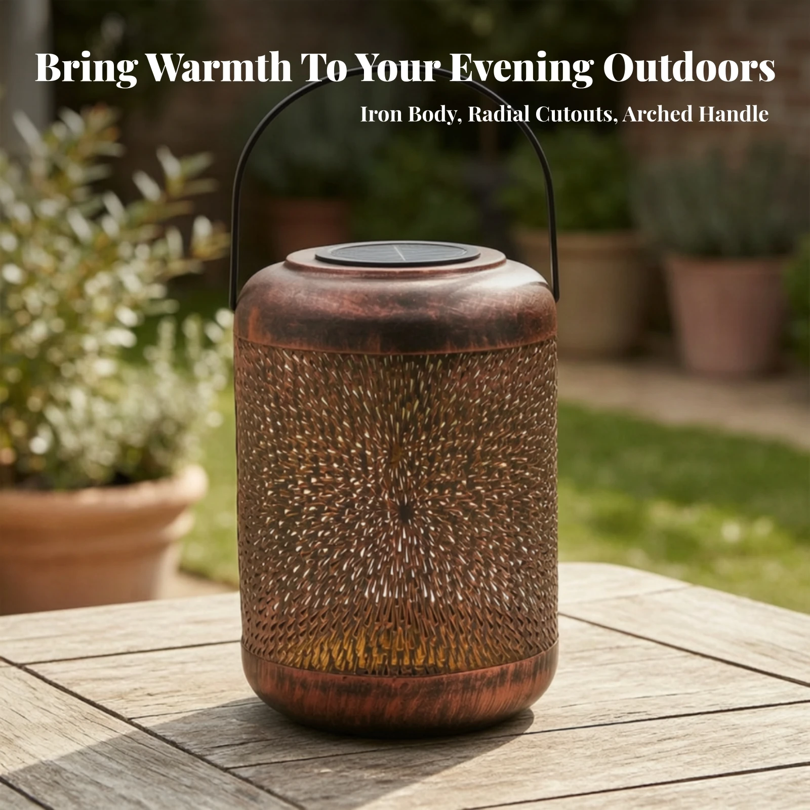 Iron Lantern with Handle Bronze Hollow Cutout Lantern Cylindrical Solar Light Compact Outdoor Lanterns Sturdy for Garden