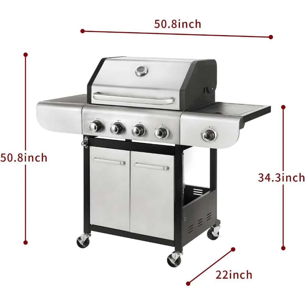 Gas Grill 4 Burner with Side Burner, 53,000 BTU Output with Enameled Cast Iron Grates, Garden Barbecue Grill