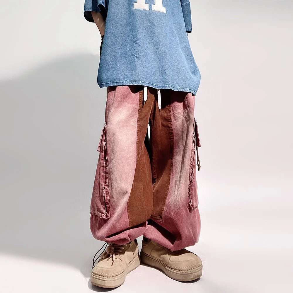 

ARENS Hip Hop High Street Fashion Jeans Ankle-Tied Loose Wide Leg Sports American Retro Multi Pocket Wide Leg Pink Leggings.