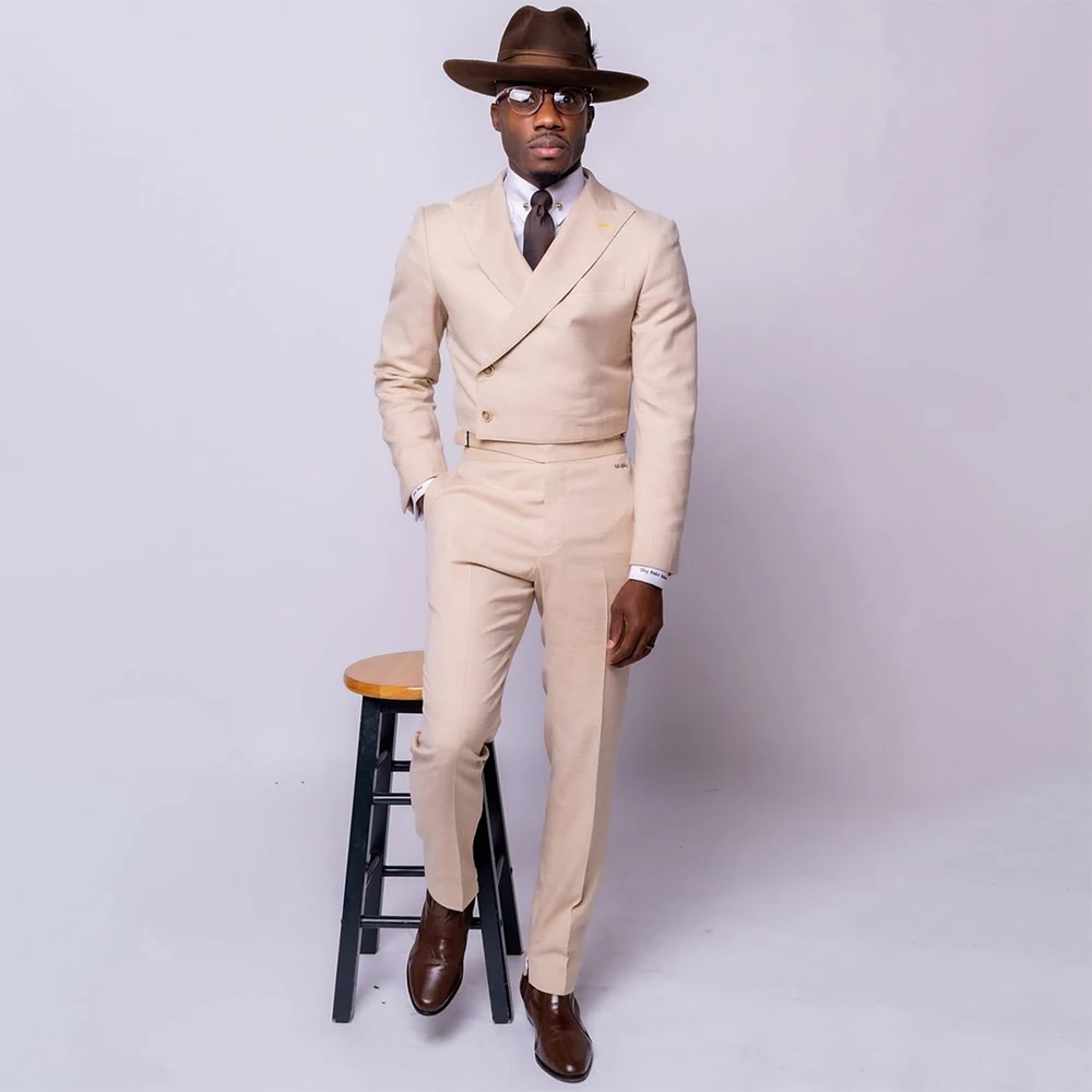 

Cropped Men's Suits 2 Piece Jacket Pants Outfits Customzied Single Breasted Peak Lapel Outfits Leisure Slim Male Clothing