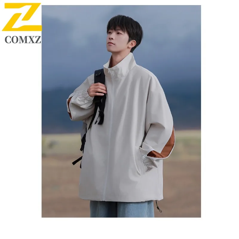 COMXZ 2024 Mens Loose Fit Sporty Windproof Jacket Color Block Casual Coat
