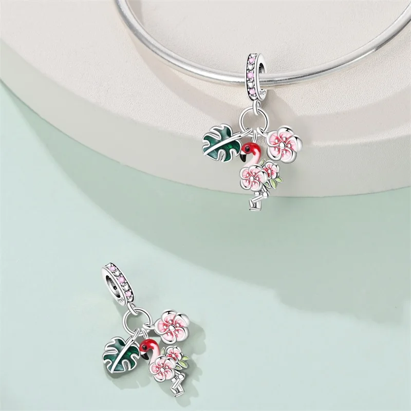 Colgante de Plata de Ley 925 con diseño de flor de flamenco para mujer, compatible con pulsera original, regalos de joyería para fiesta de cumpleaños DIY