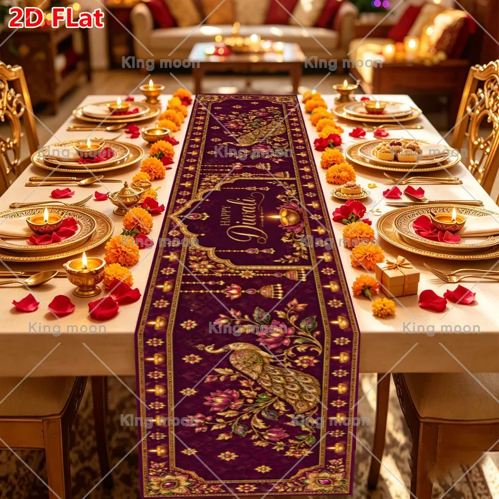 Table Runner Cotton Happy Diwali Purple Gold Peacock Feast Tablecloth Indian Light Festival Banquet Decor