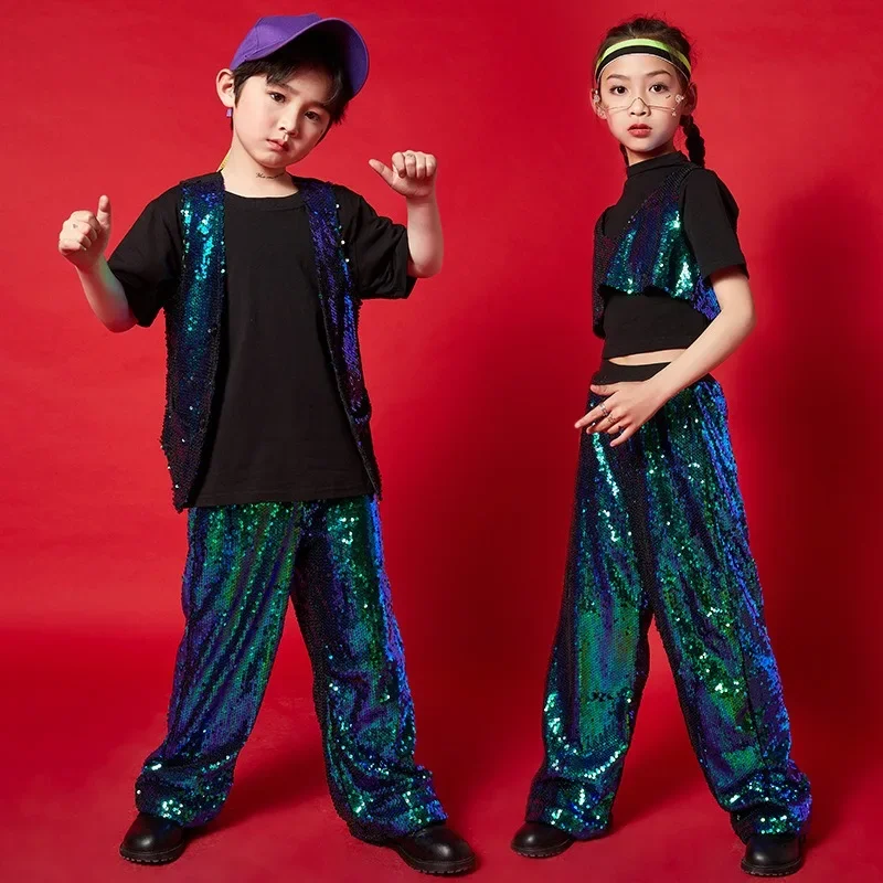 Meisje Sequin Crop Tank Top Hip Hop Jongens Groen Vest Jas Kinderen Jazz Glanzende Broek Kleding Set Kind Street Dance Toneelkostuum
