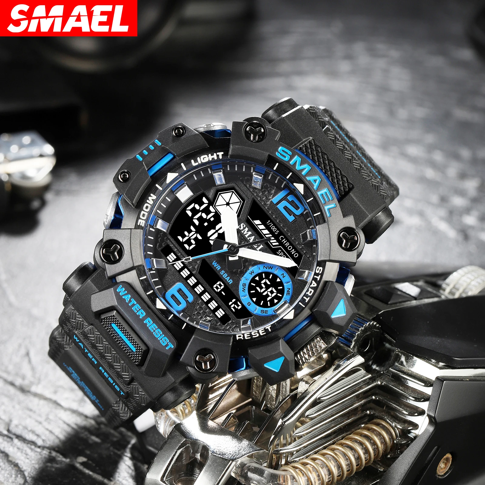 SMAEL 8072 Outdoor Tactical Men\'s Alloy Military Style Watch Night Glow Waterproof Dual Display Quartz Electronic Watch