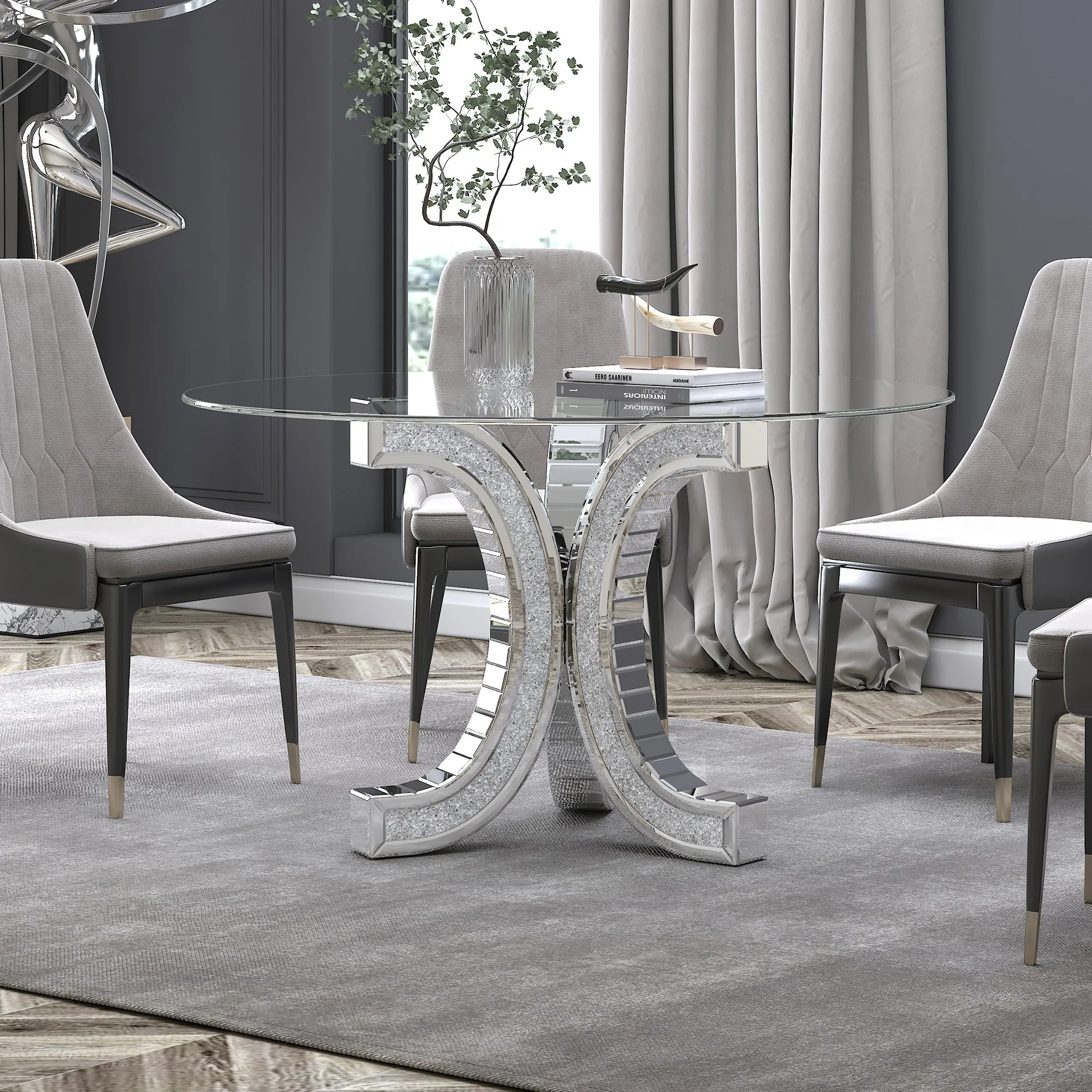 طاولة طعام SHYFOY مقاس 52 بوصة بقاعدة زجاجية مع سطح من الزجاج المقسى