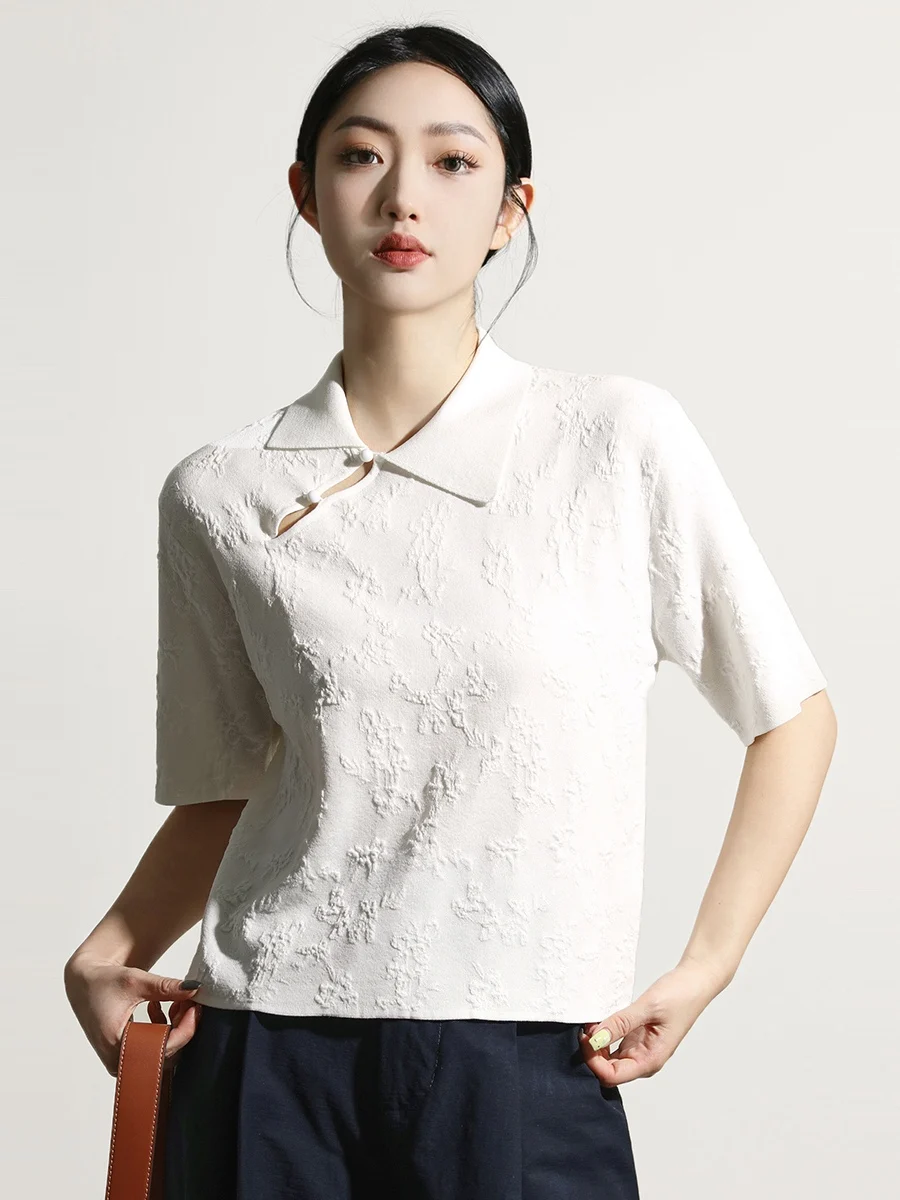 

Новая летняя вязаная блузка Mulan 2025 в стиле ретро с воротником, в стиле пэчворк, приталенная, для повседневной носки