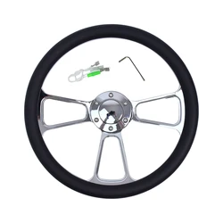 Universal 14 Inch 350mm Classic Retro Microfiber Leather Steering Wheel Black Chrome Plated Three Spoke Bracket 7mm Thick
