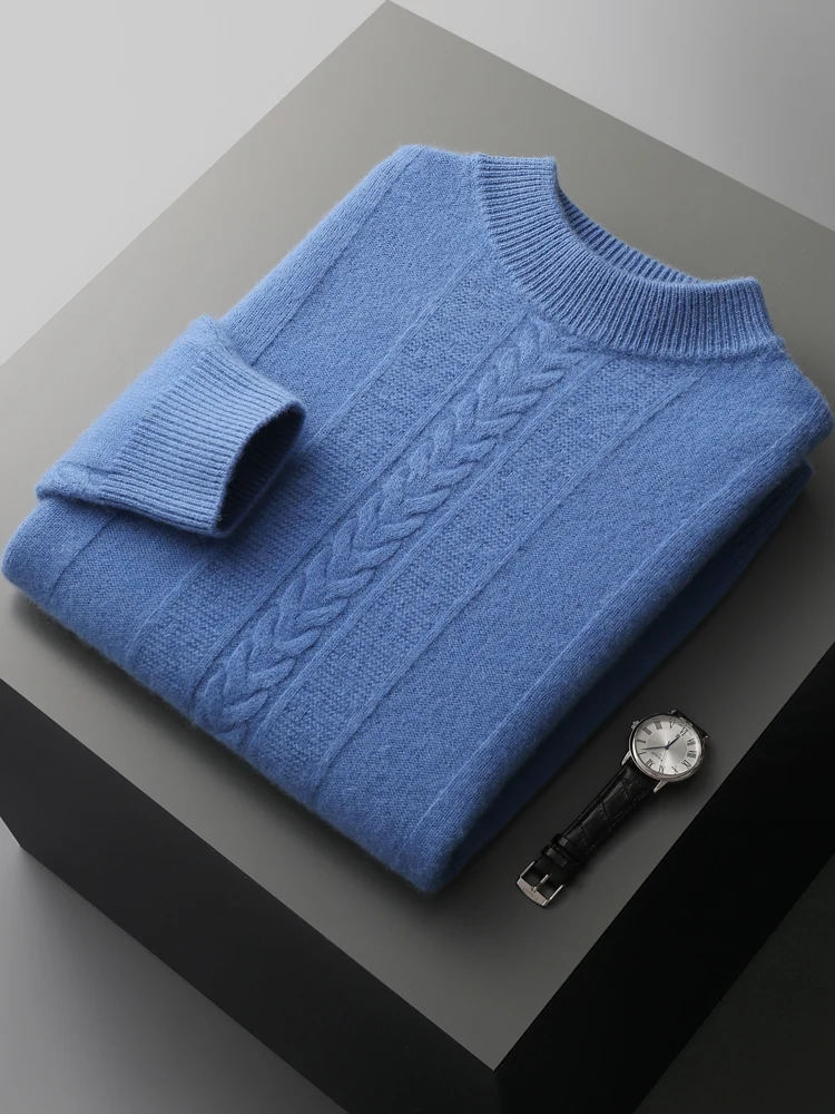 Men's 100% Cashmere Sweater Winter New Thicken Pullover Mock Neck Jacquard Solid Base Shirt Warm Plus Size Knit Jackets Tops