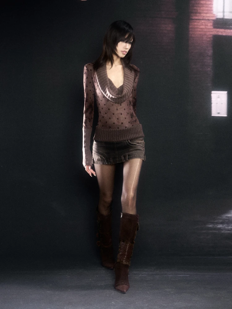 

Винтажный шерстяной вязаный длинный комбинезон Floirds Market в горошек, облегающий сексуальный комбинезон с распашным воротником для девочек