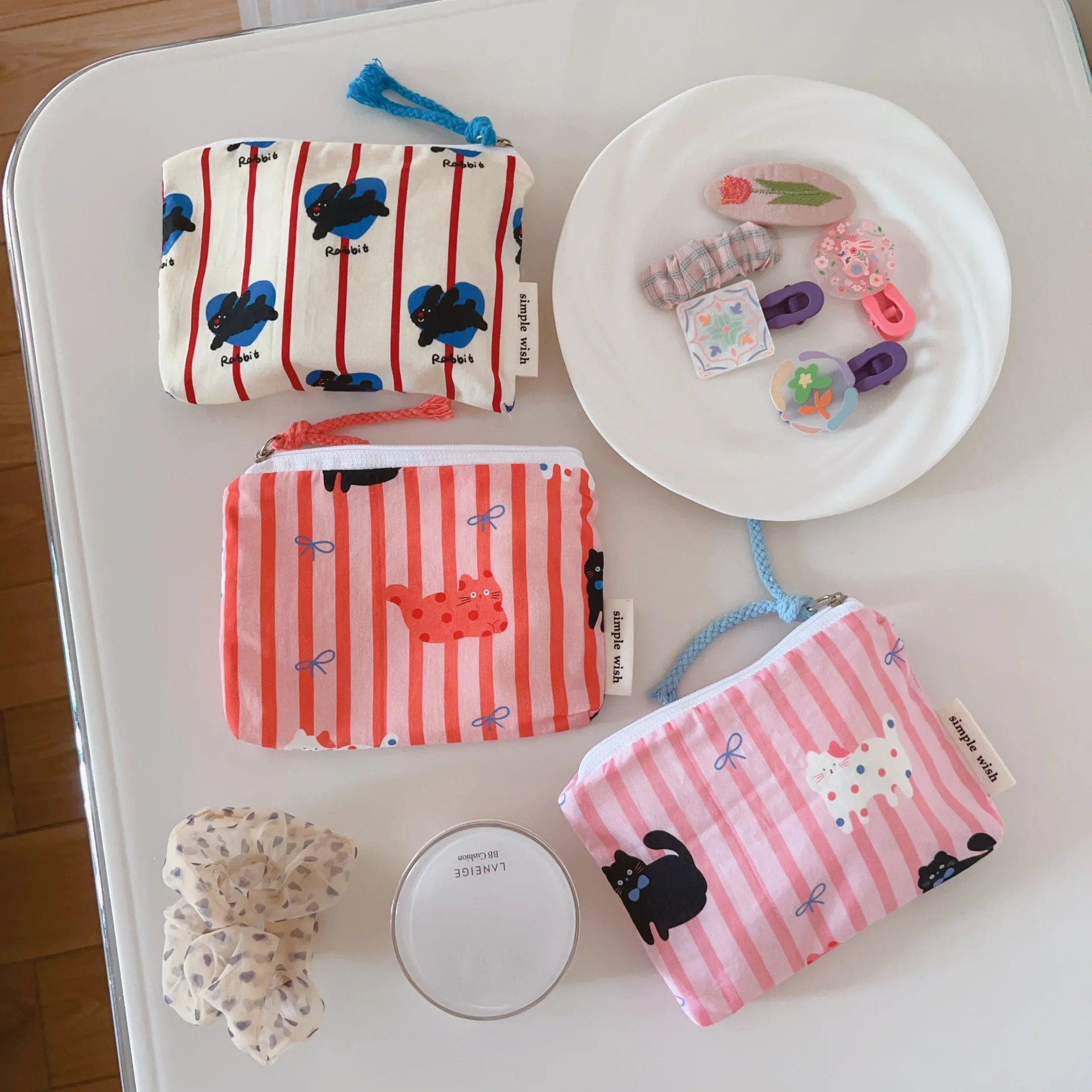 Cute Stripe Coin Purse Cat Animal Print Coin Purse Mini Headphones Lipstick Cosmetic Storage Bag Money Card Key Bag