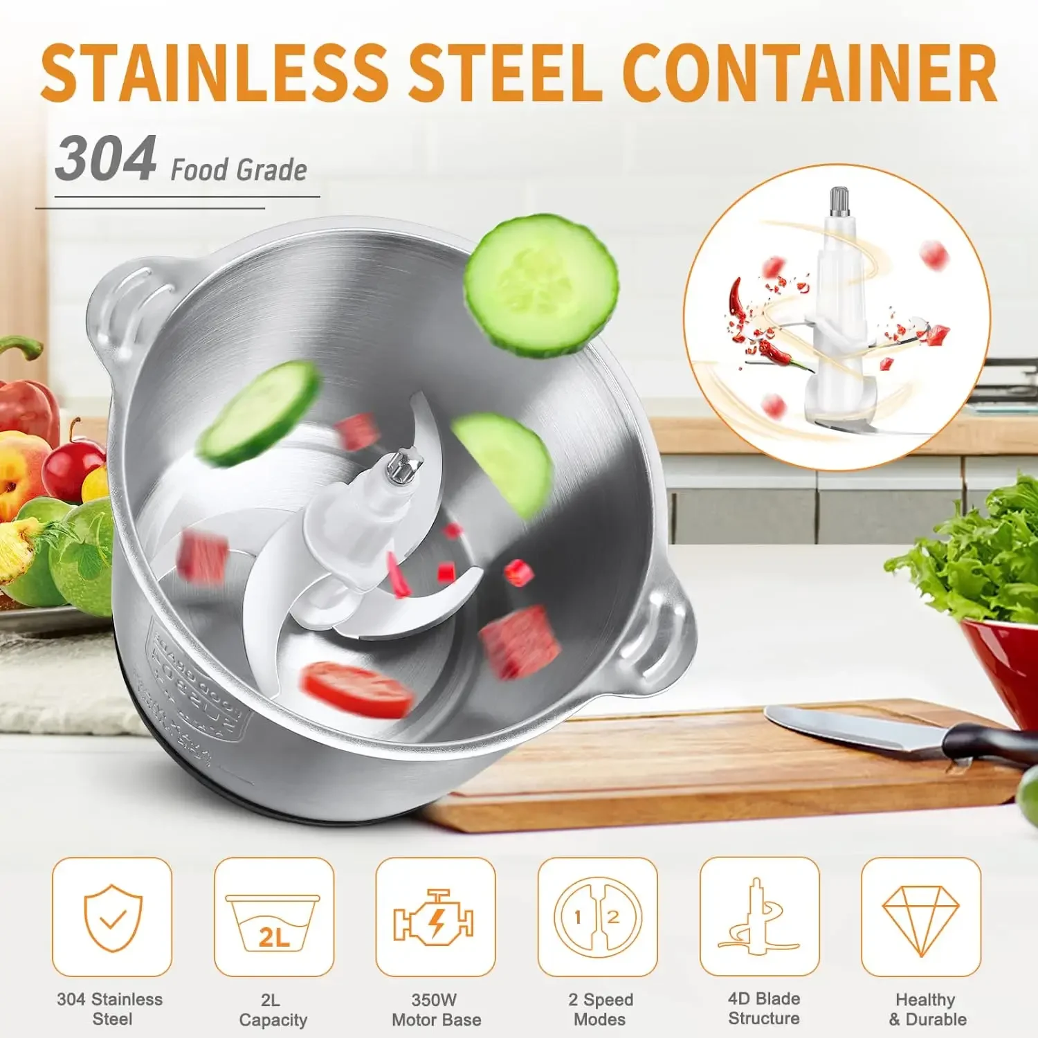 Electric Meat Grinder Stainless Steel Chopper Kitchen Utensils Vegetable Grinder Slicer Household Blender Food Processor Tools