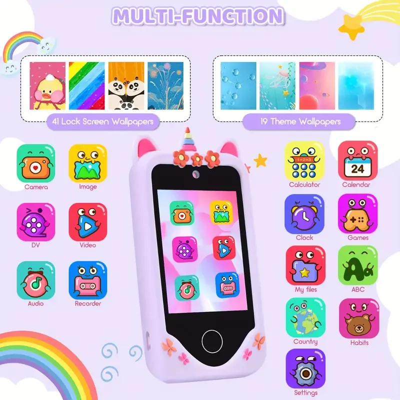 โทรศัพท์สำหรับเด็ก ใช้งานหน้าจอสัมผัส กล้อง 48MP รองรับการบันทึกวิดีโอความละเอียด 1080P HD มาพร้อมการ์ดหน่วยความจำ 64GB และเครื่องอ่านการ์ด